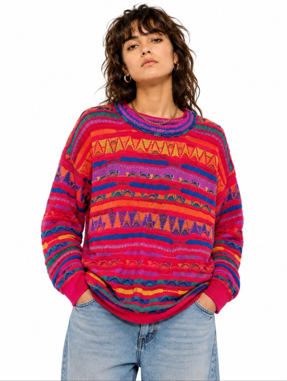 Vintage 3D Textured Knit Sweater‎ XL Red Retro Oversized Abstract 90s Cosby USA
